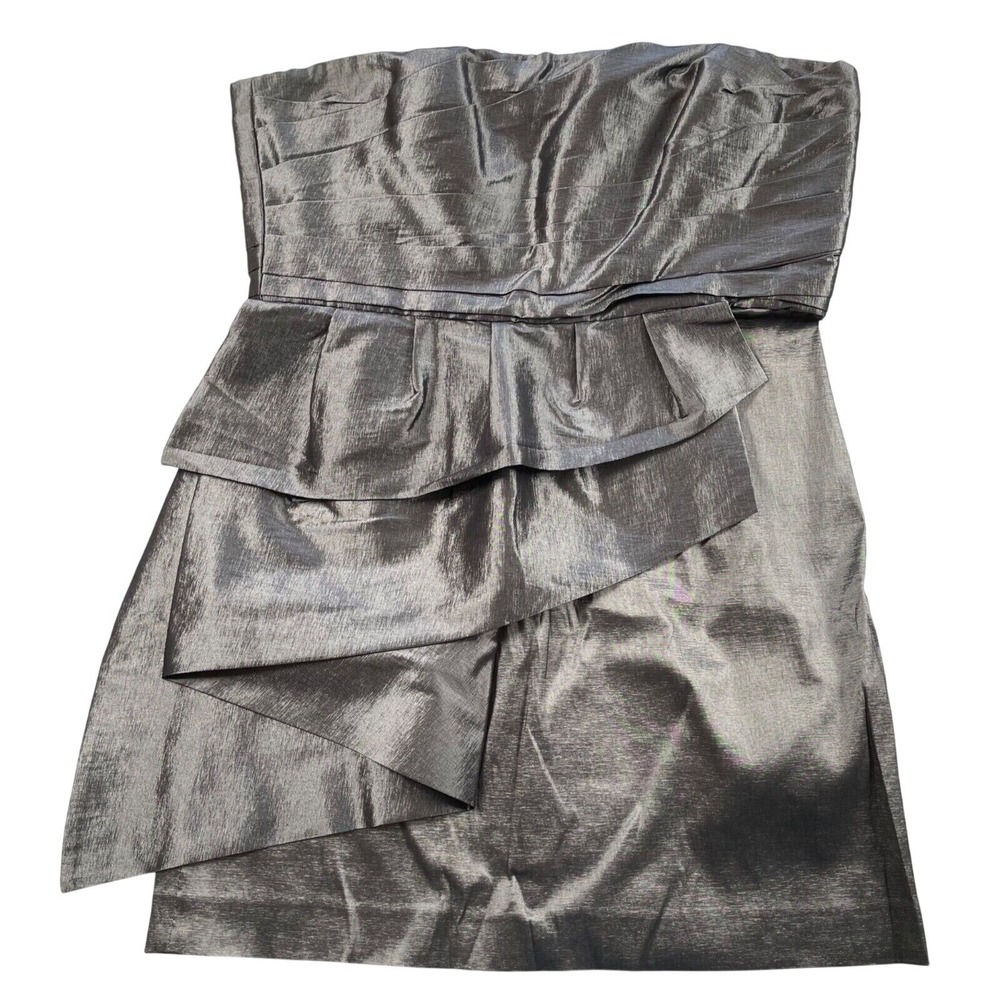 Calvin Klein Dress 14 Silver Gunmetal Metallic Taffeta Strapless Tiered Ruffle